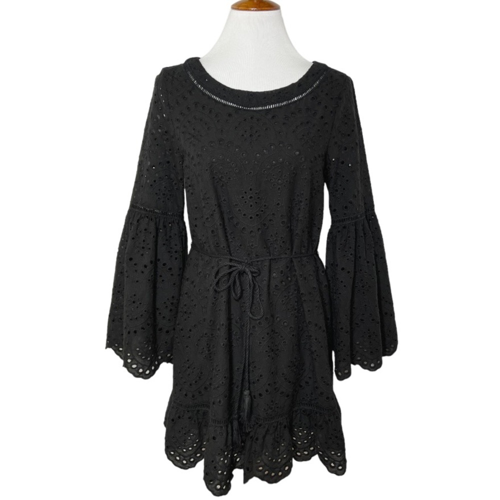 NWT Cupcakes and Cashmere Black Eyelet Lace Ruffle Tie Waist Mini Dress Small - Picture 2 of 14